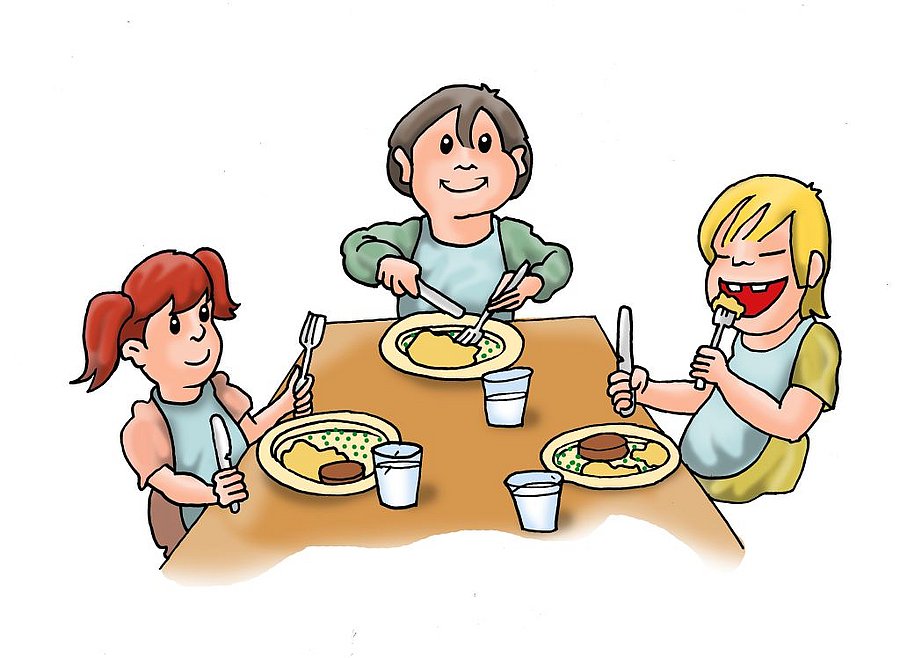 Eine Illustration zeigt Kita-Kinder gemeinsam am Tisch beim Essen.
