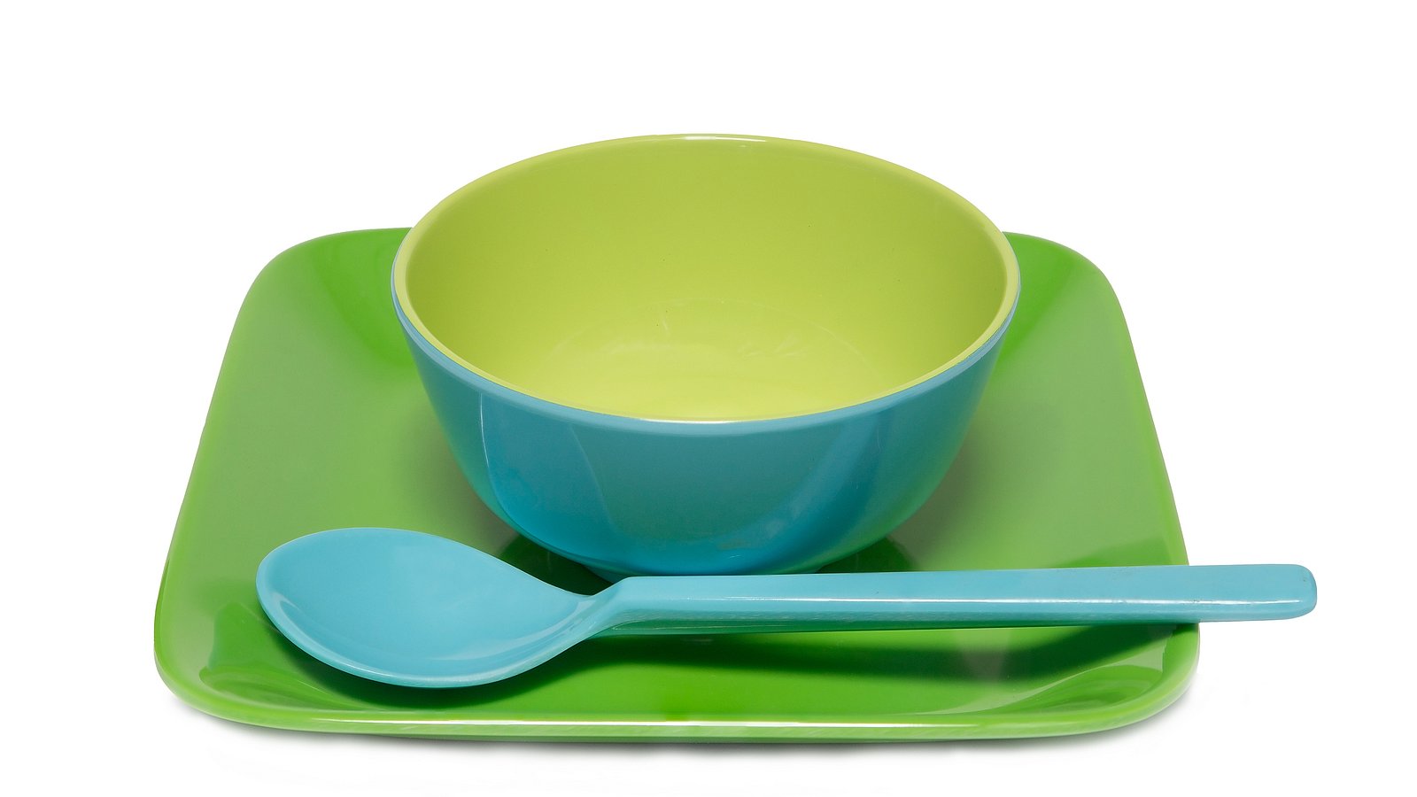 Melamin-Geschirr mit Teller, Schüssel und Löffel für kleine Kinder.