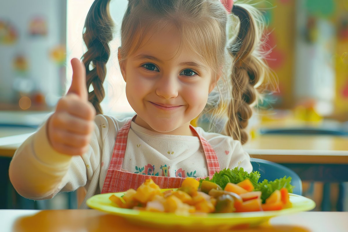 Ein Mädchen im Kindergartenalter sitzt am Tisch vor einem gefüllten Teller und zeigt die Daumen hoch-Geste mit einem Lächeln.
