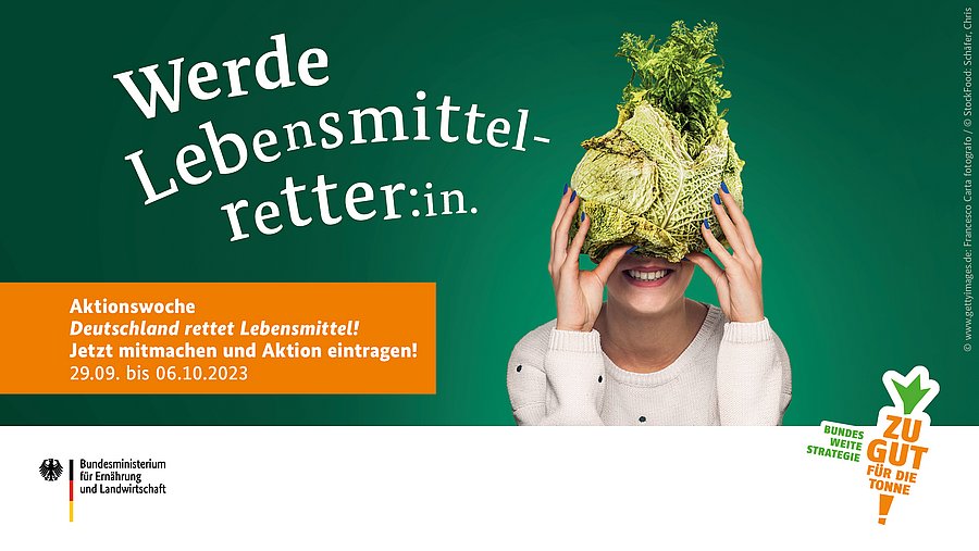 Twitter Sharepic für die Aktionswoche Deutschland Rettet Lebensmittel für das Jahr 2023. Eine Frau hält einen zerfransten Kohlkopf vor ihr Gesicht, so dass es aussieht, als wäre der Kohlkopf ihre Haarfrisur.