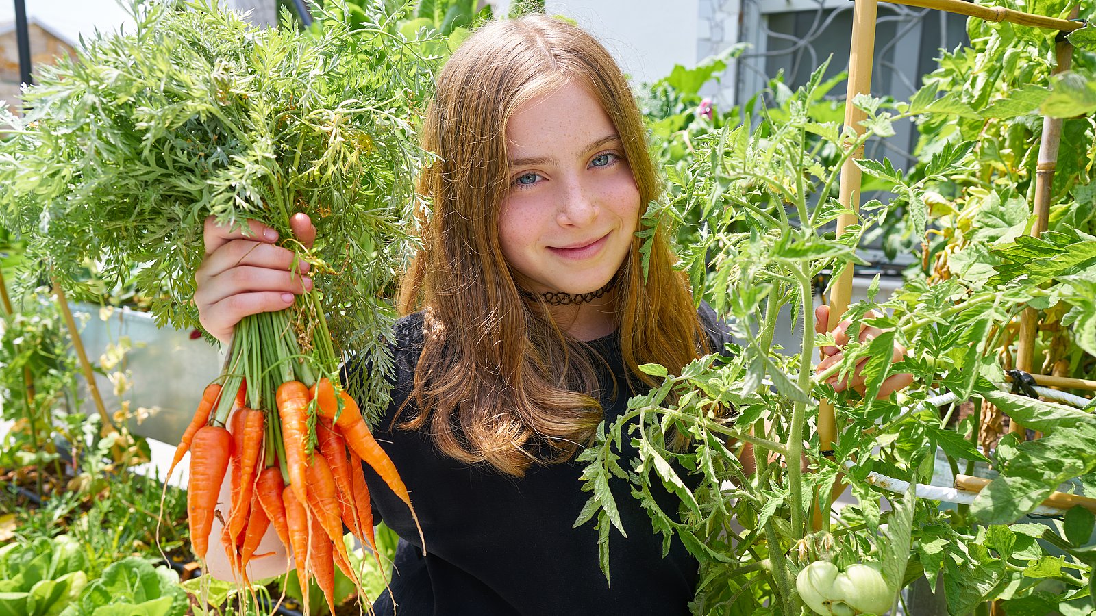 Ein jugendliches Schulmädchen mit langen glatten Haaren hält in einem Garten inmitten von Tomatenstauden einen Bund Möhren in der Hand. Sie trägt eine Kette sehr hoch am Hals.