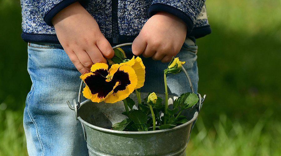 Kind hält einen Blecheimer mit einer Blume in der Hand. 