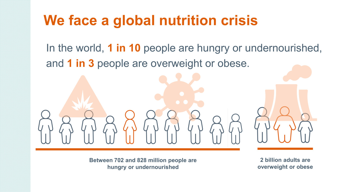 Grafik zeigt, dass einer von 10 Menschen weltweit unter Hunger oder Unterernährung leidet. Gleichzeitig sind 2 Milliarden Menschen übergewichtig oder adipös.