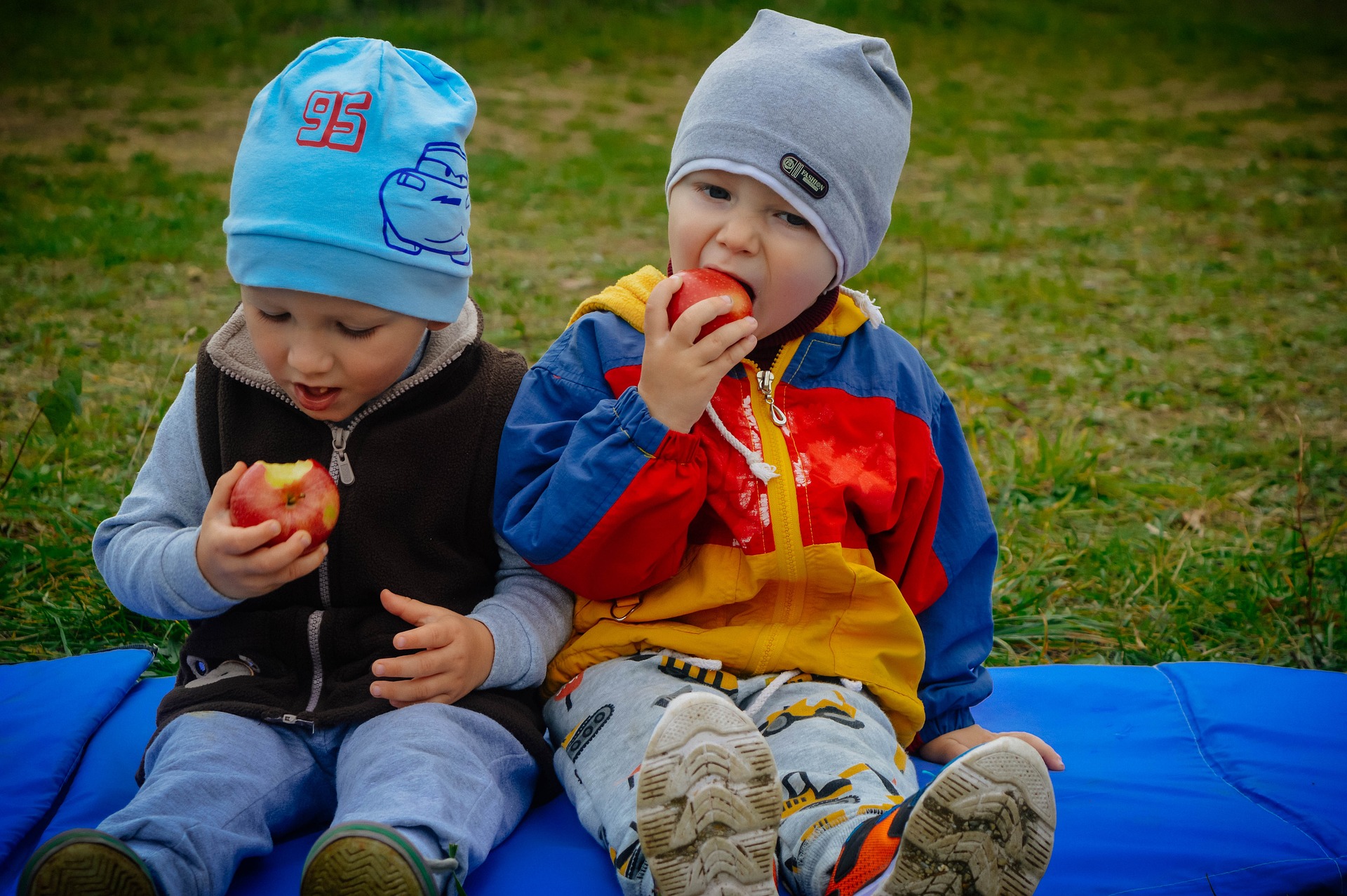 Zwei kleine Jungen mit Mützen sitzen auf einer blauen Decke auf dem Rasen und esesn einen Apfel. 